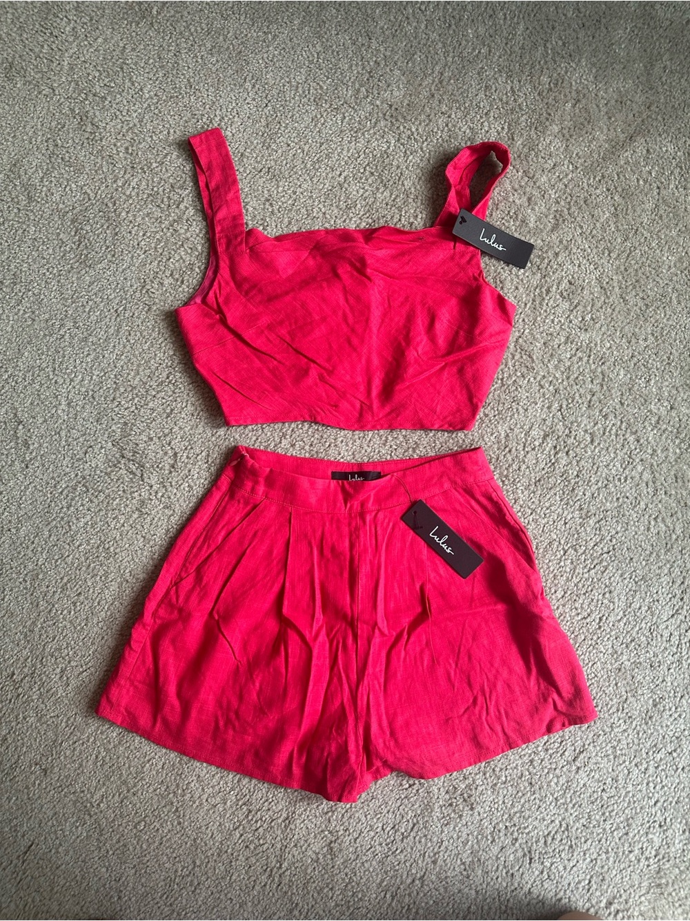 Lulu's Bright Pink Crop Top & High-Waist Shorts Set - Picture 2 of 4